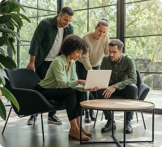 Grupo de pessoas na frente de um notebook